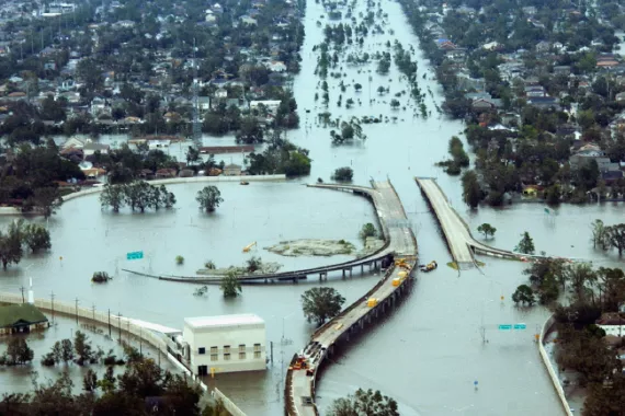 Aerial photo showing New Orleans flooding after Hurricane Katrina in August 2005.